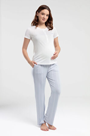 Kadın Beyaz Lohusa Cep Detaylı Kısa Kollu Pijama Takımı R.O.8.9.Z.E.7.6..L.T.