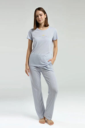 Kadın Mavi Cep Detaylı Pijama Takımı R.O.8.9.Z.E.7.8..L.T.