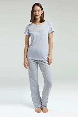 Kadın Mavi Cep Detaylı Pijama Takımı R.O.8.9.Z.E.7.8..L.T.