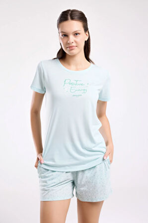 Kadın Mint Şortlu Cep Detaylı Kısa Kollu Pijama Takımı R.O.8.9.Z.E.8.8..L.T.