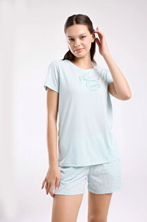 Kadın Mint Şortlu Cep Detaylı Kısa Kollu Pijama Takımı R.O.8.9.Z.E.8.8..L.T.