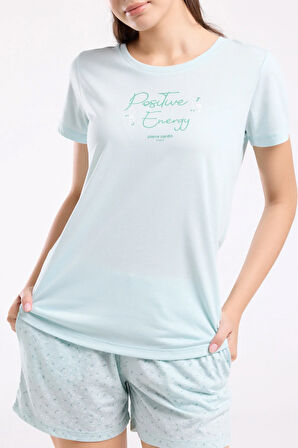 Kadın Mint Şortlu Cep Detaylı Kısa Kollu Pijama Takımı R.O.8.9.Z.E.8.8..L.T.