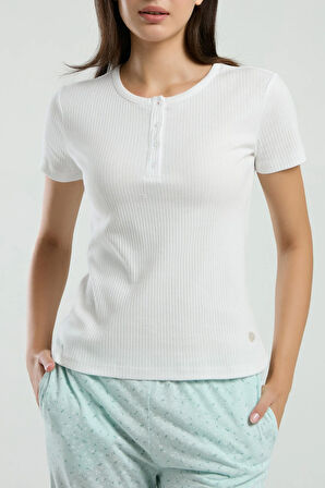 Kadın Krem Kısa Kollu Pijama Takımı R.O.8.9.Z.E.8.9..L.T.