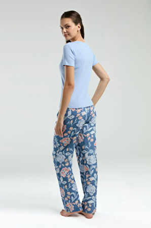 Kadın Mavi Çiçek Desenli Kısa Kollu Pijama Takımı R.O.3.0.Z.E.0.0..L.T.