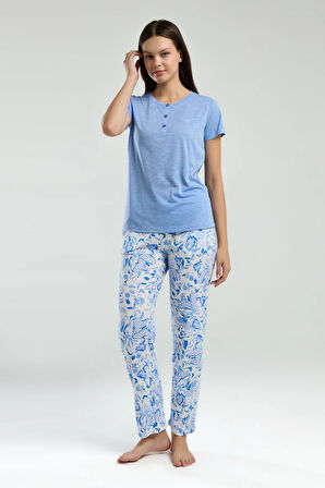 Kadın Mavi Çiçek Desenli Kısa Kollu Pijama Takımı R.O.3.2.Z.E.4.4..L.T.