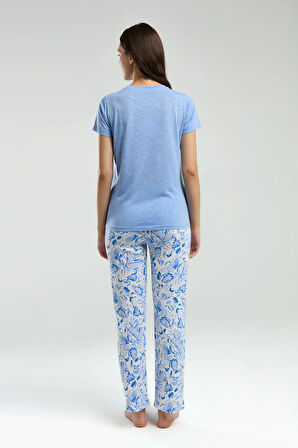 Kadın Mavi Çiçek Desenli Kısa Kollu Pijama Takımı R.O.3.2.Z.E.4.4..L.T.