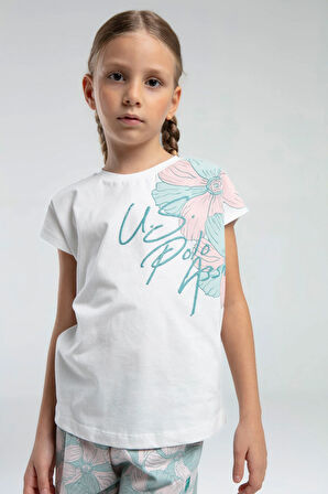 Kız Çocuk Krem Çiçek Desenli Pamuklu Şortlu Takımı P.O.R.O.Z.2.0.7.E.L.9,T.