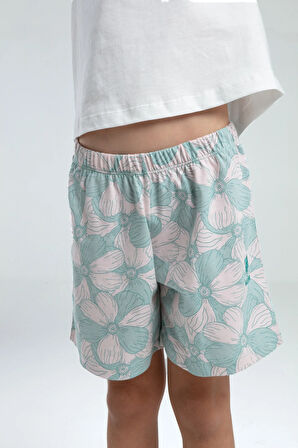 Kız Çocuk Krem Çiçek Desenli Pamuklu Şortlu Takımı P.O.R.O.Z.2.0.7.E.L.9,T.