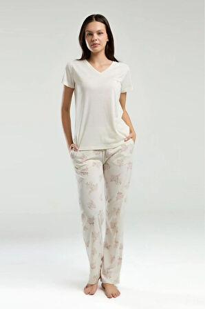 Kadın Ekru V Yaka Viskon Cep Detaylı Pijama Takımı