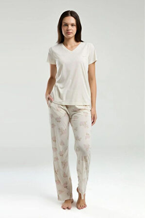 Kadın Ekru V Yaka Viskon Cep Detaylı Pijama Takımı