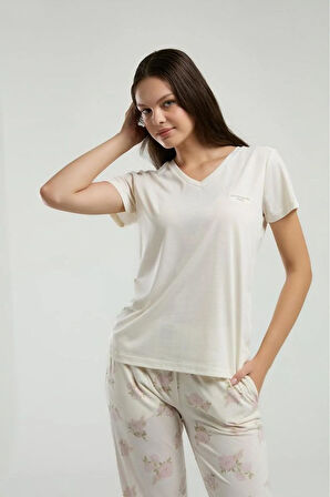 Kadın Ekru V Yaka Viskon Cep Detaylı Pijama Takımı