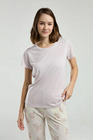 Kadın Ekru Bisiklet Yaka Yaka Viskon Cep Detaylı Pijama Takımı