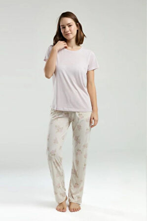 Kadın Ekru Bisiklet Yaka Yaka Viskon Cep Detaylı Pijama Takımı