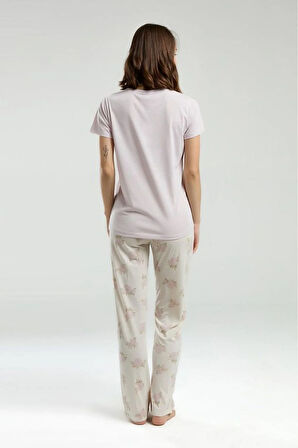 Kadın Ekru Bisiklet Yaka Yaka Viskon Cep Detaylı Pijama Takımı
