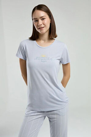 Kadın Mavi Geniş Yaka Viskon Cep Detaylı Pijama Takımı