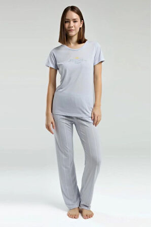 Kadın Mavi Geniş Yaka Viskon Cep Detaylı Pijama Takımı