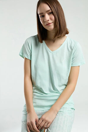 Kadın Mint V Yaka Viskon Cep Detaylı Pijama Takımı