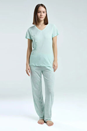 Kadın Mint V Yaka Viskon Cep Detaylı Pijama Takımı