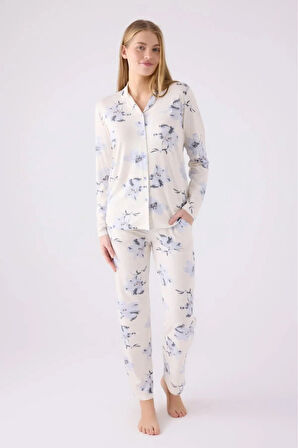 Kadın Ekru Önden Düğmeli Viskon Cep Detaylı Pijama Takımı