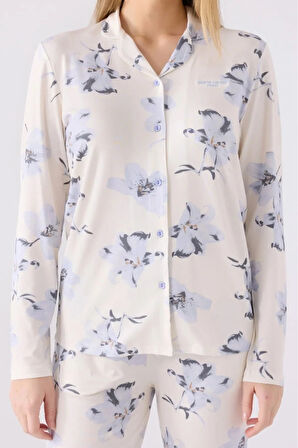 Kadın Ekru Önden Düğmeli Viskon Cep Detaylı Pijama Takımı