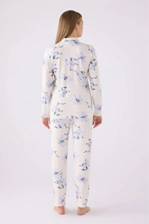 Kadın Ekru Önden Düğmeli Viskon Cep Detaylı Pijama Takımı