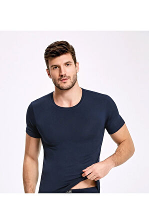 Erkek Lacivert Sıfır Yaka T-Shirt 2'li Bambu Likralı