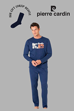 Erkek Siyah Uzun Kol Pamuklu Pijama Takımı 1 Çift Çorap Hediyeli