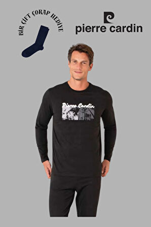 Erkek Siyah Uzun Kol Pamuklu Pijama Takımı 1 Çift Çorap Hediyeli