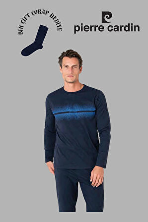 Erkek Lacivert Uzun Kol Pamuklu Pijama Takımı 1 Çift Çorap Hediyeli
