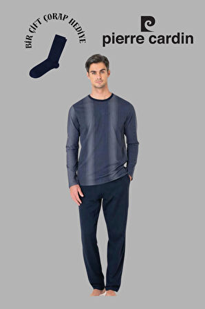 Erkek Lacivert Uzun Kol Pamuklu Pijama Takımı 1 Çift Çorap Hediyeli