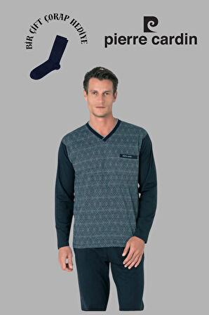 Erkek Bordo Uzun Kol Jakarlı Pamuklu Pijama Takımı 1 Çift Çorap Hediyeli