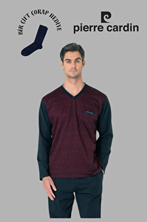 Erkek Bordo Uzun Kol Jakarlı Pamuklu Pijama Takımı 1 Çift Çorap Hediyeli