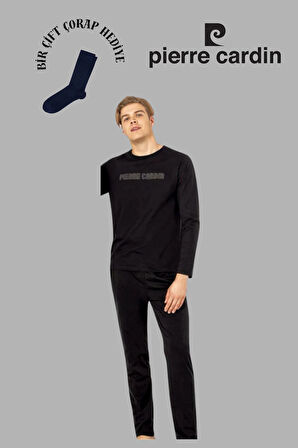 Erkek Siyah Uzun Kol Pamuklu Pijama Takımı 1 Çift Çorap Hediyeli