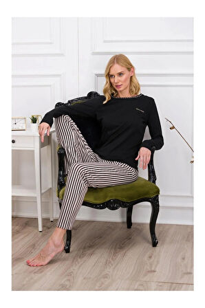 Kadın Siyah Çizgili Cep Detaylı Pijama Takımı .P.İ.E8.0..R.O.Z..7..E.6L.T.6.