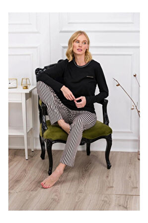 Kadın Siyah Çizgili Cep Detaylı Pijama Takımı .P.İ.E6.6..R.O.Z..8..E.L.T.7.