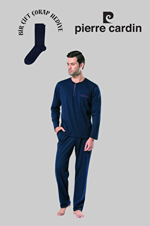 Erkek Lacivert Pamuklu Çeyizlik Kutulu Set 2'li Pijama Takımı (1 Çift Çorap Hediye)