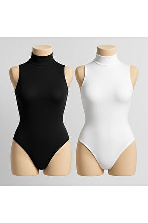 Kadın Pamuklu Kolsuz Boğazlı Beyaz-Siyah 2'li Çıtçıtlı Body