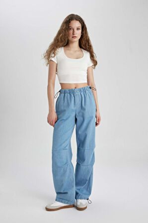 Jogger Yüksek Bel Bilek Boy Paraşüt Jean Pantolon