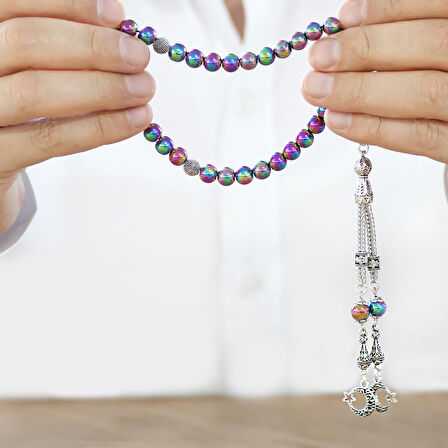 Kararmaz Metal Püsküllü Küre Kesim Multicolor Hematit Doğaltaş Tesbih