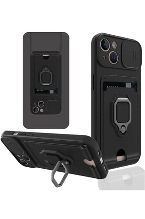 aklow akyoleticaret iPhone 14 Plus Kılıf Zuma Kartvizitli Yüzüklü Silikon - Siyah