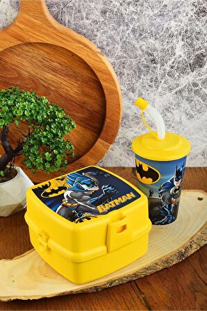 Batman İki Katlı Beslenme Kutusu+Pipetli Bardak 400 ml.