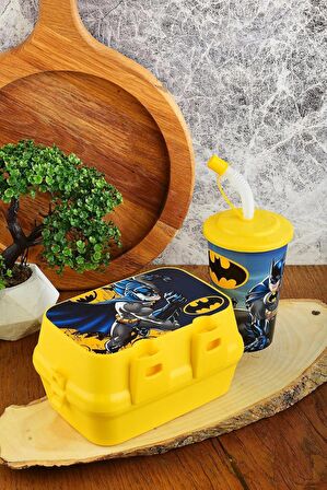 Batman İki Katlı Bölmeli Beslenme Kutusu+Kapaklı Pipetli Bardak 400 ml.