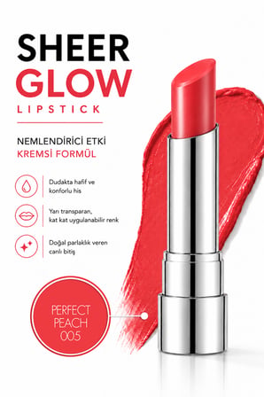 Pierre Cardin Sheer Glow Lipstick - Parlak Bitişli Nemlendirici Ruj - Perfect Peach - 005