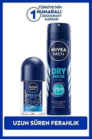 Nivea MEN Erkek Sprey Deodorant Dry Fresh 150ml ve Mini Roll-on Fresh Active 25ml Set, Ter Karşıtı Koruma