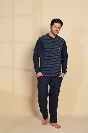 Guava Erkek 3 Düğme Uzun Kol Göğüs Cepli Selanik Kumaş Kışlık Cepli Pijama Takımı 