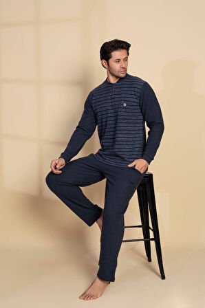 Guava Erkek 3 Düğme Uzun Kol Göğüs Cepli Selanik Kumaş Kışlık Cepli Pijama Takımı 