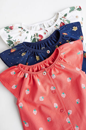 Next Baby % 100 Pamuklu Kırmızı Çilek Desenli 3’lü Romper Set