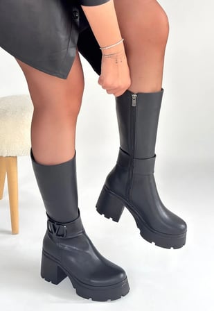 Moki Siyah Cilt Topuklu Çizme (7 cm Topuklu Yandan Fermuarlı)