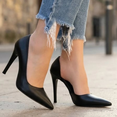 Erbilden Pley Siyah Cilt Stiletto Ayakkabı 9 CM Topuk