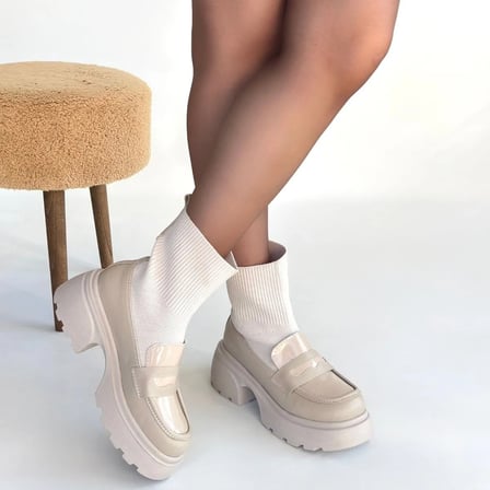 Erbilden Wanye Bej Cilt Streçli Bot Bağcıksız 5 CM Topuk